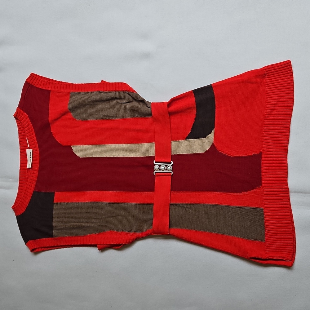 DKNY Red Colorblock Sweater Knit Top With Belt Size Small - Picture 2 of 10